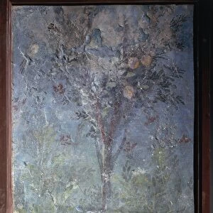 Ancient Roman fresco with bird preching on top of fence, 1st Century