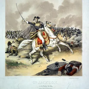 Anglo-American War 1812-1815 (War of 1812): General Andrew Jackson (1767-1845) at the Battle of New Orleans 8 January 1815, mounted on white horse, leading the American forces to victory in this, the last major battle of the war