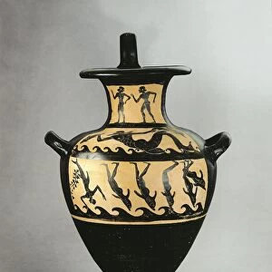 Black-figure Hydria depicting the Tyrrhenian pirates turning into dolphins, painted by the Painter of the Vatican, 510 / 500 B. C