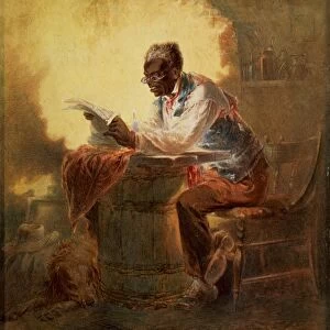 Black man reading newspaper by candlelight watercolour. (ca. 1863) By H. L