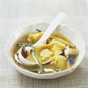 Bowl of chicken and chive wonton soup, high angle view