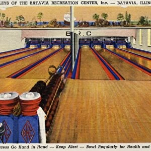 Bowling Alleys at Batavia Recreation Center. ca. 1938, Batavia, Illinois, USA, BOWLING ALLEYS OF THE BATAVIA RECREATION CENTER, Inc. -BATAVIA, ILLINOIS. Good Health and Success Go Hand in Hand-Keep Alert-Bowl Regularly for Health and Recreation. Bowling properly exercises the arms and limbers up the legs. It brings into play the muscles of the back, neck and abdomen. It gives you a new sense of fitness, a new feeling of aliveness. Exercise is most beneficial when carried on in a well ventilated room. To provide that feature we have installed the Carrier system of dry cool air-conditioning, and no matter what the outside temperature may be, you can bowl at the BATAVIA RECREATION CENTER in perfect comfort
