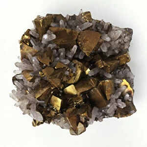 Chalcopyrite and quartz crystals, close-up
