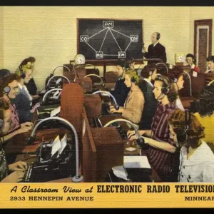 Classroom at Electronic Radio Television Institute. ca. 1944, Minneapolis, Minnesota, USA, I am training for a thrilling airline position with THE ELECTRONIC RADIO TELEVISION INSTITUTE, Inc. 2933 HENNEPIN AVENUE, MINNEAPOLIS 8, MINNESOTAjaand I like it. A Classroom View at ELECTRONIC RADIO TELEVISION INSTITUTE, Inc