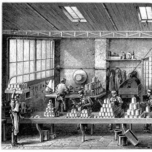 Filling and soldering cans of food. Wood engraving Paris c1870