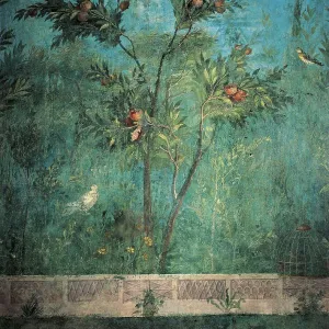 Fresco depicting garden with fruit trees and birds, detail of pomegranate tree, from Rome, Triclinium of House of Livia