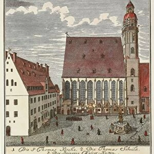 Germany, Leipzig, Thomaskirche (Saint Thomass Church) and Thomasschule (Saint Thomass School, where Bach was a singer) in 1723, coloured engraving