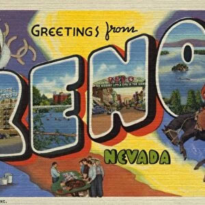 Greeting Card from Reno. ca. 1939, Reno, Nevada, USA, RENO, NEVADA. A City of 20, 000 population, the largest city in Nevada, Reno, is noted for fine residential sections, excellent schools, and for many churches and modern business structures. It is the center of one of the finest recreational areas in the West, and enjoys an almost ideal climate. The University of Nevada and Mackay School of Mines are beautifully situated on a hilltop overlooking the city. Reno is familiarly referred to as The Biggest Little City in the World
