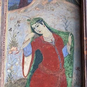 Iran, Esfahan, Meidan Emam (Naqsh-e Jahan Square), Ali Qapu Palace, fresco, close-up