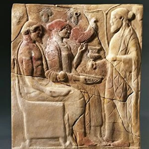 Italy, Calabria, Locri, Pinax depicting a man bringing a seated couple an offer, terracotta