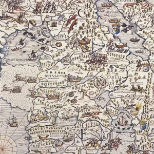 Map of Nordic countries and Lapland, by Olaus Magnus, from Carta Marina, Sea Map, 1539