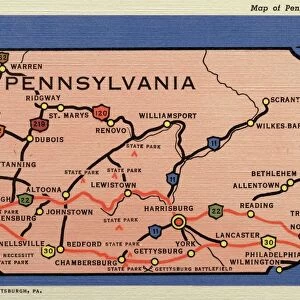 Map of Pennsylvania. ca. 1937, Pennsylvania, USA, Map of Pennsylvania. Pennsylvania is noted for events of world historical importance and achievements: there are little hills and big valleys, high mountains and fertile lowlands, deep gorges, waterfalls, and sandy beaches, modern industries and old time trades, with beautiful highways stretching throughout the state, called truly the Keystone State
