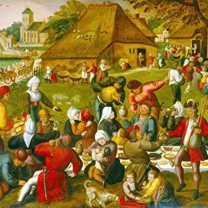 The Marriage Feast. Man with bagpipes at bottom left. Guests feasting and drinking
