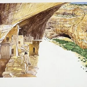 Mesa Verde canyon, USA map (Utah, Arizona, Colorado, New Mexico), Anasazi people farming, illustration