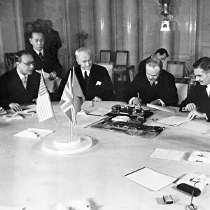 Third moscow conference, 1943, the four signatories to the moscow declaration (left to right): foo ping-sheung, mr, cordell hull, vyacheslav molotov, mr, anthony eden, marshal klementi voroshilov looks on
