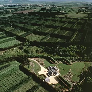 New Zealand, North Island, Aerial view of farm surrounded by cultivated fields