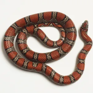 Overhead view of a Mexican King Snake showing red and orange markings shaped like large saddles or narrow crossbars, edged in black with a pinkish background colour. The head has intricate markings