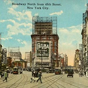 Postcard of Broadway. ca. 1914, BROADWAY, NORTH FROM 45th STREET NEW YORK CITY. Broadway, New Yorks most famous thoroughfare, is lined with Theatres, Hotels and Restaurants, 45th Street being the very center of the Theatrical district. The many electrical signs and brilliant lights make this at night the most brilliantly lighted street in the world, and has earned for it the title of The Great White Way