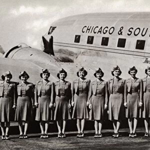 Postcard of Chicago & Southern Stewardesses and Airplane. ca. 1940, Some of Chicago & Southerns stewardesses, trained to reflect the natural hospitality of the South, and give the type of service the airline passenger expects and deserves