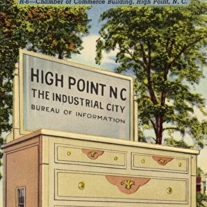 Postcard of the High Point Chamber of Commerce Building. ca. 1941, The Chamber of Commerce Building in High Point, North Carolina, which bills itself as the Home Furnishings Capitol of the World. The building, which doubled as the Worlds Largest Bureau, stood 32 feet high