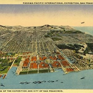 Postcard of the Panama-Pacific International Exposition. ca. 1915, An aerial view of the Panama-Pacific International Exposition and the city of San Francisco