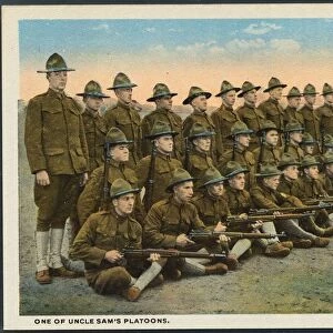 Postcard of Soldiers Holding Rifles. ca. 1916, LIFE IN THE U. S. ARMY CANTONMENT. ONE OF UNCLE SAMs PLATOONS