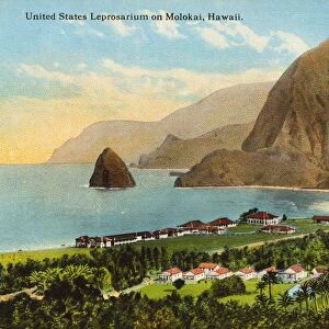 Postcard of United States Leprosarium on Molokai. ca. 1916, United States Leprosarium on Molokai, Hawaii. UNITED STATES LEPROSARIUM ON MOLOKAI. In this beautiful spot the United States government has spent nearly half a million dollars trying to solve the problem of this most dreaded disease. In no place in the world has leprosy received the scientific study that it has in Hawaii, and it is hoped that a serum will soon be discovered that will bring relief to many thousands that are suffering from the disease which has baffled physicians since the dawn of civilization. Buildings begun in 1907. Station opened for reception of patients, 1909. Original appropriation for buildings, $100, 000, 00. Equipment and maintenance to date, about $350, 000, 00