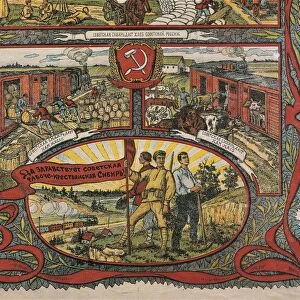 Detail of poster representing benefits of revolution: victorious Red Army contributes to transport of wheat and cattle, 1917