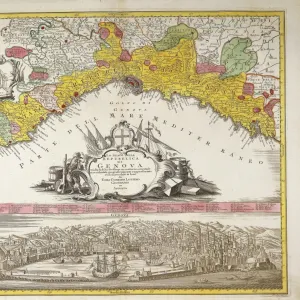 Republic of Genoa, Map by Tobia Corrado Lotterio with view of Genoa by F. B. Weber, Augsburg, Copper engraving, 1770