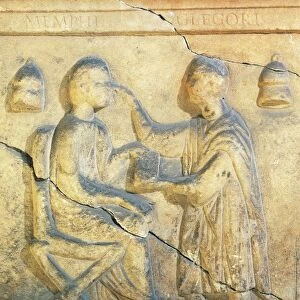 Sarcophagus decoration depicting physician and patient during oculistic examination