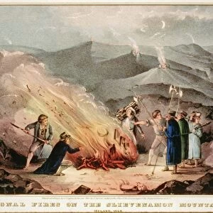 Signal fires in the Slievenamon Mountains - Ireland 1848. Scene during unrest in