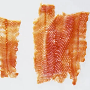 Thin slices of smoked salmon, close up
