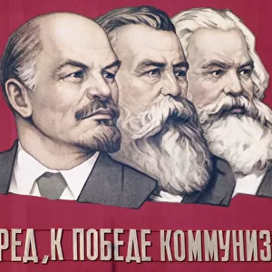 Soviet propaganda banner with likenesses of lenin, engels, and marx in leningrad, ussr, 1960s, the banner reads forward to the victory of communism