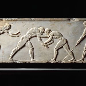 Stele relief depicting a wrestling competition between athletes, from Kerameikos necropolis, Athens, Grece, Circa 510 B. C