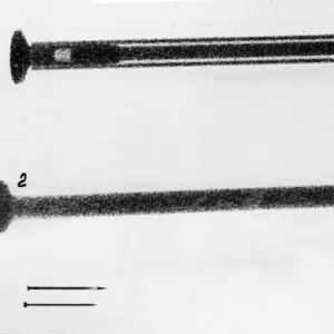 Top: x-ray photograph of one of the poison pins gary powers was provided with (enlarged 9 times), figure 2: inside needle of the pin with the grooves filled with poison, bottom: actual size of poison pin, shown with an ordinary pin, 1960, u2 spy plane misson