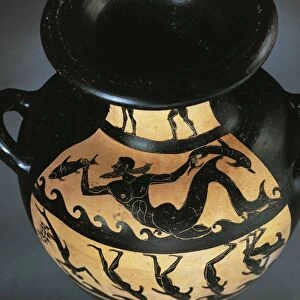Detail of Triton black-figure Hydria depicting the Tyrrhenian pirates turning into dolphins, painted by the Painter of the Vatican, 510 / 500 B. C