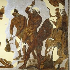 Tunisia, Dougga, Mosaic work depicting the Cyclops forging the Zeus thunderbolts in the Vulcan cave