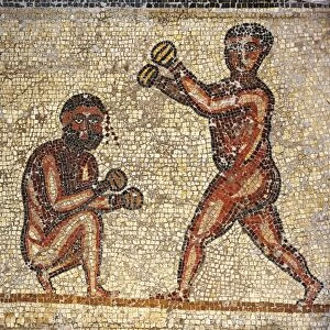 Tunisia, Thuburbo Majus, Mosaic work depicting boxing men