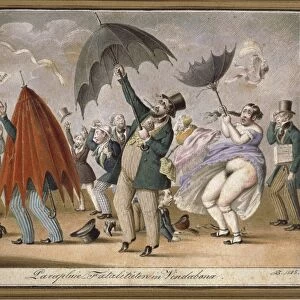 Umbrella misfortune at Vienna, by Johann Christian Schoeller, caricature, 19th century