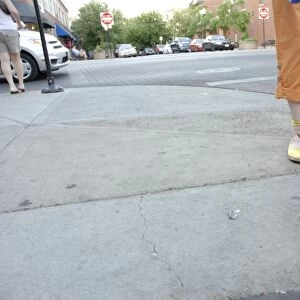 USA, Illinois, Chicago, woman walking Chihuahua dog on Chicago side walk