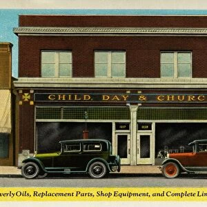Vehicles in Front of a Store. ca. 1928, Our Representative Mr... has planned to call on you on or about... We appreciate the business you have given us in the past and trust that you will favor us at this time. Yours respectfully CHILD, DAY & CHURCHILL