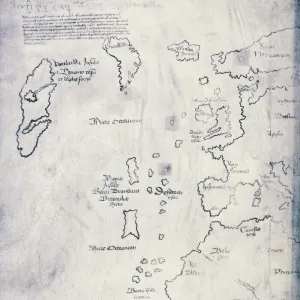 Vinland Map, oldest map of Greenland and Northern America areas discovered by Norse, Vikings during their explorations, circa 1440