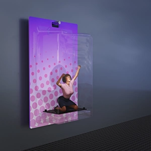 ar, arms raised, augmented reality, blister pack, box, brunette, color image, concept