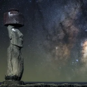 Easter Island head statue Moai under the Milky Way