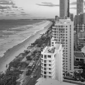 Gold Coast beach skyline in black and white