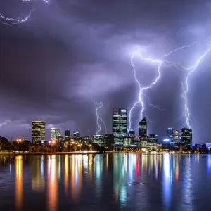 Lightning strikes over the skyline of Perth Western Australia