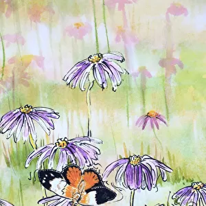 Monarch Butterflies Resting on Aster Asteraceae Daisies Watercolor Painting