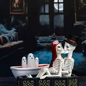 Skeleton couple in haunted room