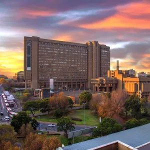 Sunset View of City Council Building and Hillbrow Tower (JG Strijdom Tower), Johannesburg, Gauteng, South Africa