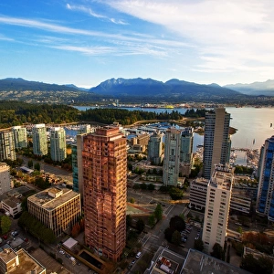 View of Stanley Park, Vancouver Harbour, English Bay and the Surrounding Skyscrapers and Mountains, Vancouver, British Columbia, Canada